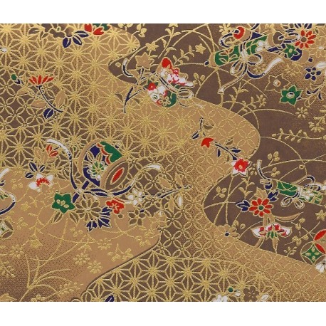 Washi Paper - Brown Yuzen Print With Gold Highlights - Half Sheet